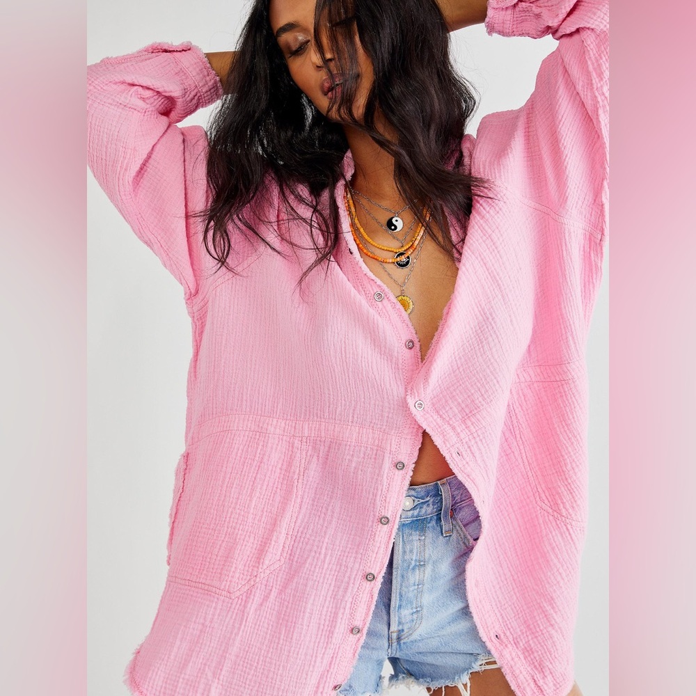 We The Free Pink Button-Down Gauze Shirt